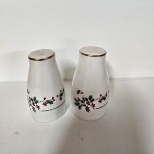 Holly Berry Salt and Pepper Shakers Gold Trim Ceramic Festive Christmas Holiday